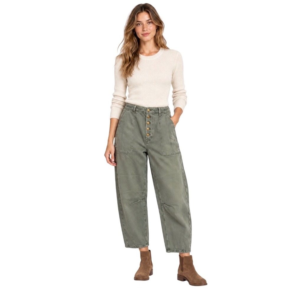 Free People We The Free Barrel Jeans Army Green High Rise Button Fly Size 29